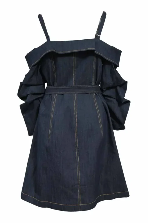 Indigo cotton-blend denim off-the-shoulder Malinda mini dress with notched-lapel neckline and ruched three-quarter sleeves