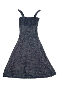 Indigo cotton-blend fully-fashioned warp knit A-line sun dress with fixed straps
