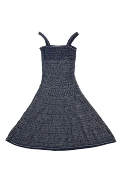 Indigo cotton-blend fully-fashioned warp knit A-line sun dress with fixed straps