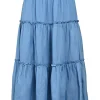 Indigo Lyocell-linen blend chambray pull-on midi tiered skirt with elasticated waistband