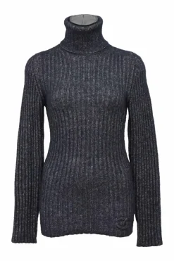 Indigo silk-cashmere blend rib knit turtleneck pullover sweater
