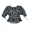 Indigo silk-viscose blend Batik block print puff sleeve peplum top with contrast binding details