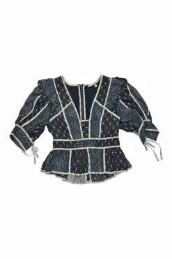 Indigo silk-viscose blend Batik block print puff sleeve peplum top with contrast binding details