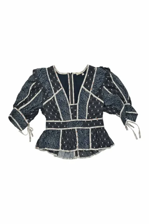 Indigo silk-viscose blend Batik block print puff sleeve peplum top with contrast binding details