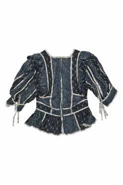 Indigo silk-viscose blend Batik block print puff sleeve peplum top with contrast binding details
