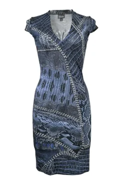 Indigo viscose-blend abstract animal digi-print V-neck cap sleeve sheath dress