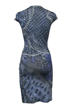 Indigo viscose-blend abstract animal digi-print V-neck cap sleeve sheath dress