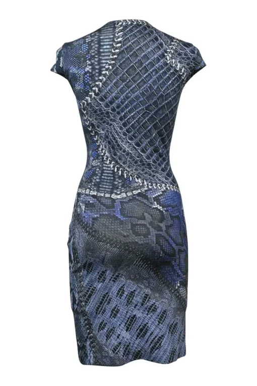 Indigo viscose-blend abstract animal digi-print V-neck cap sleeve sheath dress