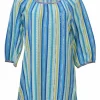 Intimo blue cotton-blend striped drop-stitch pointelle balloon sleeve knit top