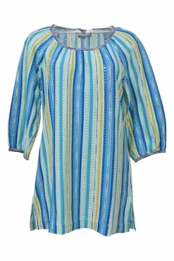 Intimo blue cotton-blend striped drop-stitch pointelle balloon sleeve knit top