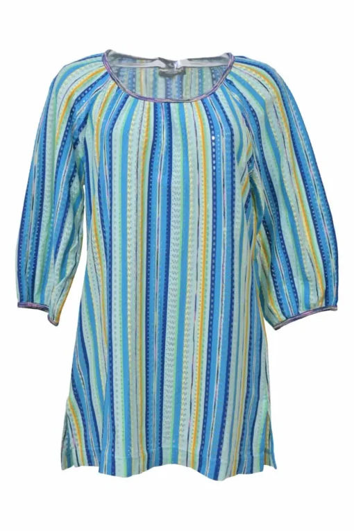 Intimo blue cotton-blend striped drop-stitch pointelle balloon sleeve knit top