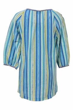 Intimo blue cotton-blend striped drop-stitch pointelle balloon sleeve knit top