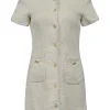 Ivory acrylic-blend metallic bouclé tweed button-front short sleeve sheath dress with contrasting collar ruffle trim