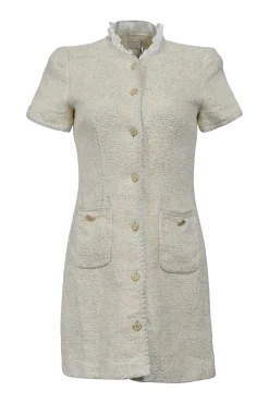 Ivory acrylic-blend metallic bouclé tweed button-front short sleeve sheath dress with contrasting collar ruffle trim