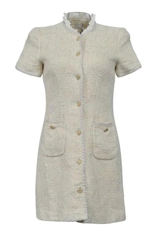 Ivory acrylic-blend metallic bouclé tweed button-front short sleeve sheath dress with contrasting collar ruffle trim