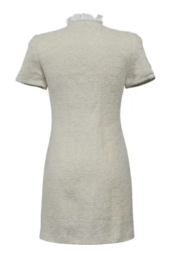 Ivory acrylic-blend metallic bouclé tweed button-front short sleeve sheath dress with contrasting collar ruffle trim