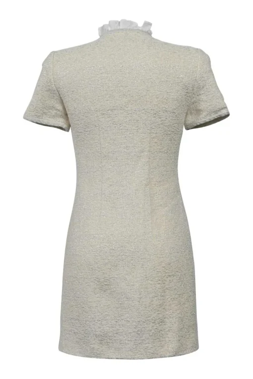 Ivory acrylic-blend metallic bouclé tweed button-front short sleeve sheath dress with contrasting collar ruffle trim