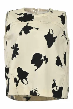 Ivory and black cotton abstract floral print sleeveless blouse