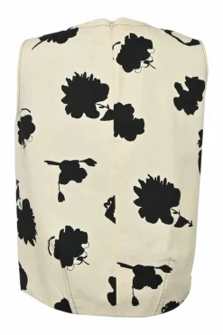 Ivory and black cotton abstract floral print sleeveless blouse