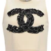 Ivory and black embellished wool Coco Mark pullover cropped tank and grosgrain camellia bow brooch set
