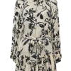 Ivory and black floral devoré tie-waist ruffle collar shift dress with choir boy sleeves