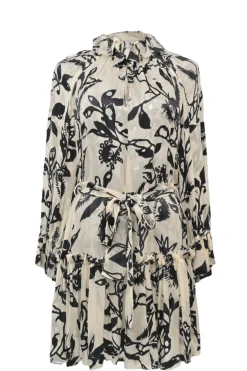 Ivory and black floral devoré tie-waist ruffle collar shift dress with choir boy sleeves