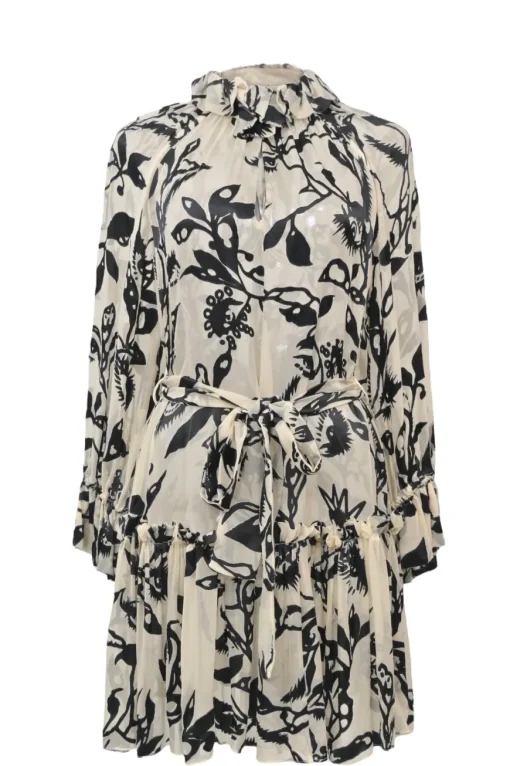 Ivory and black floral devoré tie-waist ruffle collar shift dress with choir boy sleeves