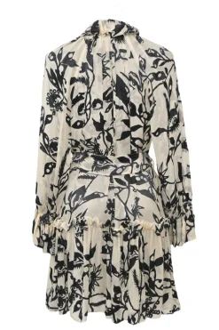 Ivory and black floral devoré tie-waist ruffle collar shift dress with choir boy sleeves