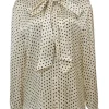 Ivory and black silk satin Lavallière button-front blouse