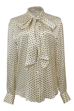 Ivory and black silk satin Lavallière button-front blouse