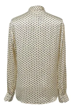 Ivory and black silk satin Lavallière button-front blouse