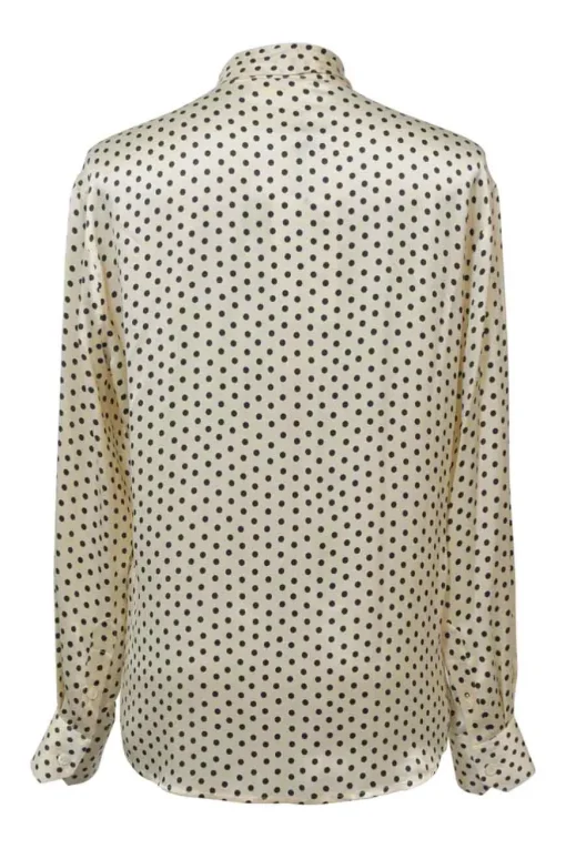 Ivory and black silk satin Lavallière button-front blouse