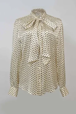Ivory and black silk satin Lavallière button-front blouse