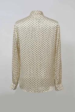 Ivory and black silk satin Lavallière button-front blouse