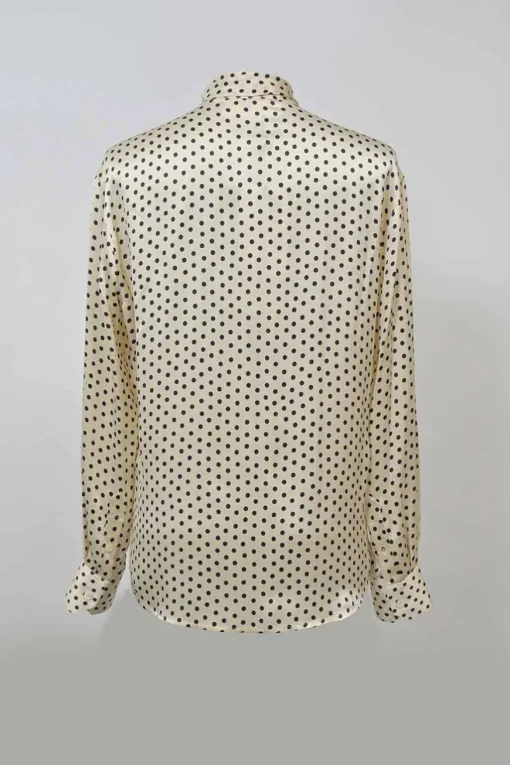 Ivory and black silk satin Lavallière button-front blouse
