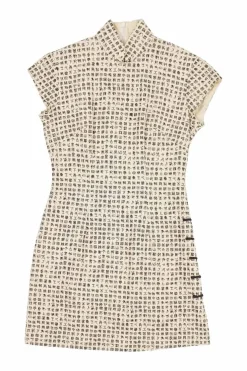 Ivory and black two-tone silk oracle bone script jacquard qipao sheath with frog button hip appliqué