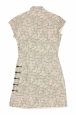 Ivory and black two-tone silk oracle bone script jacquard qipao sheath with frog button hip appliqué