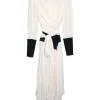 Ivory and black viscose high neck draped tie-waist midi dress with bishop sleeves and handkerchief hem