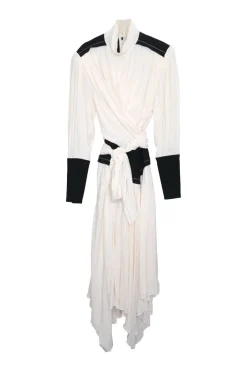Ivory and black viscose high neck draped tie-waist midi dress with bishop sleeves and handkerchief hem