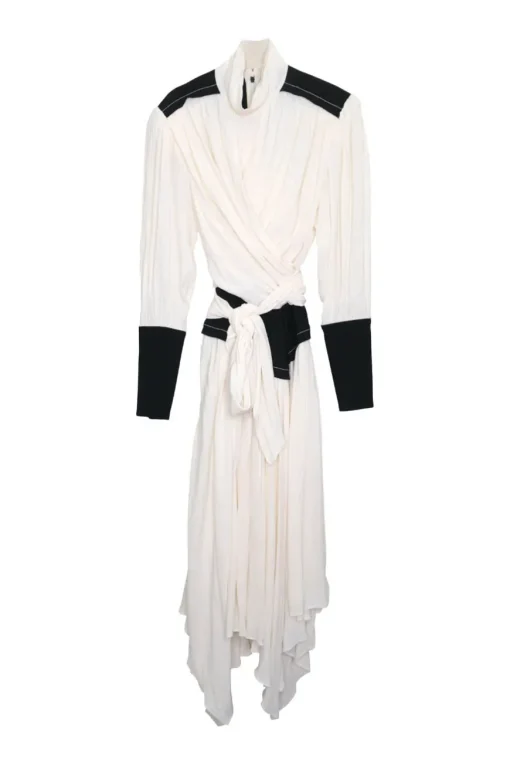 Ivory and black viscose high neck draped tie-waist midi dress with bishop sleeves and handkerchief hem