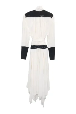 Ivory and black viscose high neck draped tie-waist midi dress with bishop sleeves and handkerchief hem