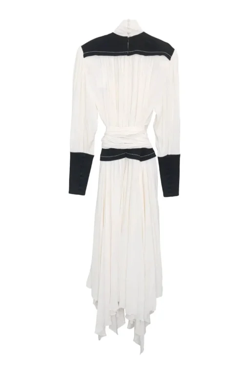 Ivory and black viscose high neck draped tie-waist midi dress with bishop sleeves and handkerchief hem