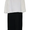 Ivory and black viscose-blend paneled mock neck sheath dress with layered capelet insert