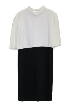 Ivory and black viscose-blend paneled mock neck sheath dress with layered capelet insert