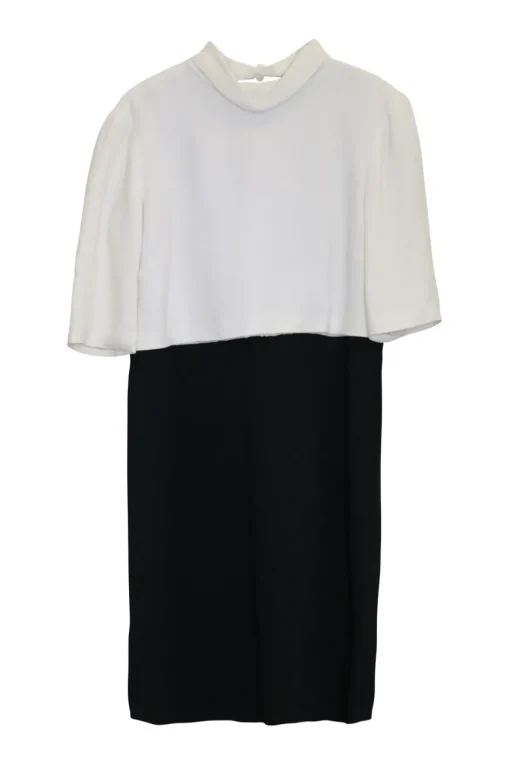 Ivory and black viscose-blend paneled mock neck sheath dress with layered capelet insert