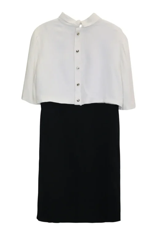 Ivory and black viscose-blend paneled mock neck sheath dress with layered capelet insert