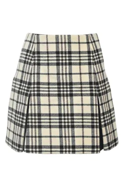 Ivory and black wool Glen check tweed kick pleated mini skirt