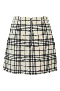 Ivory and black wool Glen check tweed kick pleated mini skirt