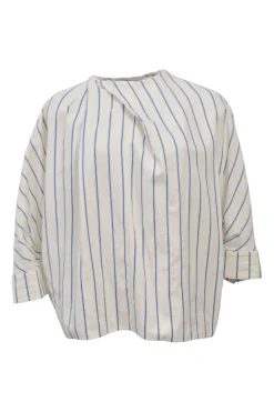 Ivory and blue bias-cut draped striped cotton dolman sleeve blouse
