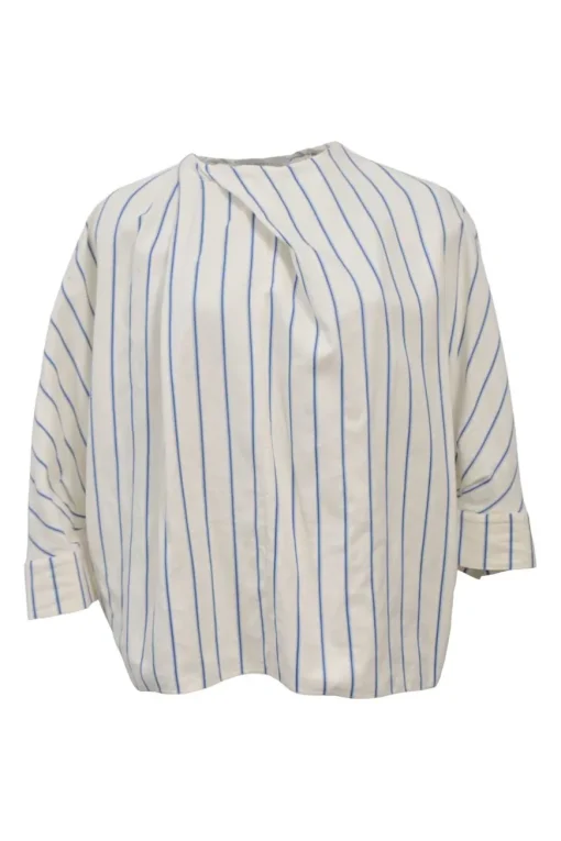 Ivory and blue bias-cut draped striped cotton dolman sleeve blouse